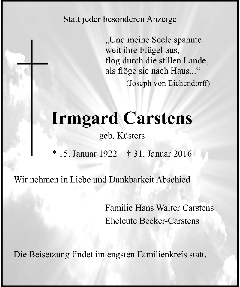  Traueranzeige für Irmgard Carstens vom 10.02.2016 aus Rheinische Post