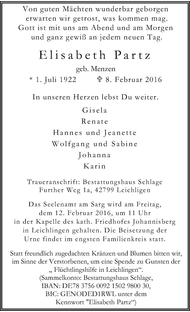  Traueranzeige für Elisabeth Partz vom 10.02.2016 aus Rheinische Post