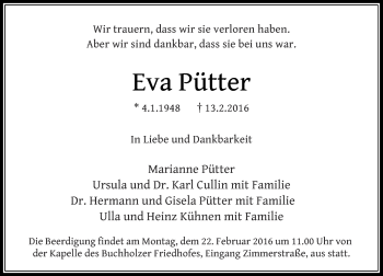 Traueranzeige von Eva Pütter von Rheinische Post
