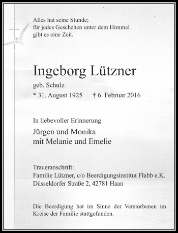 Traueranzeige von Ingeborg Lützner von Rheinische Post