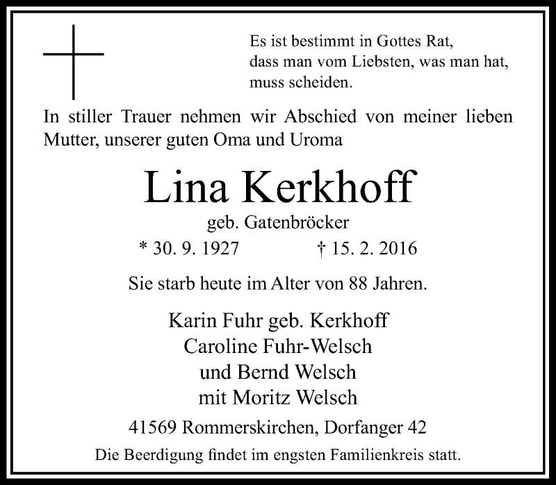 Traueranzeige für Lina Kerkhoff vom 19.02.2016 aus Rheinische Post