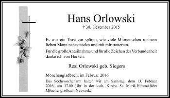 Traueranzeige von Hans Orlowski von Rheinische Post
