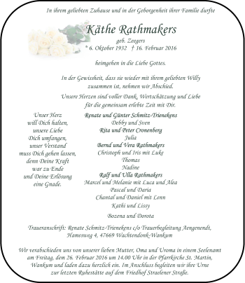 Traueranzeige von Käthe Rathmakers von Rheinische Post