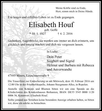 Traueranzeige von Elisabeth Houf von Rheinische Post
