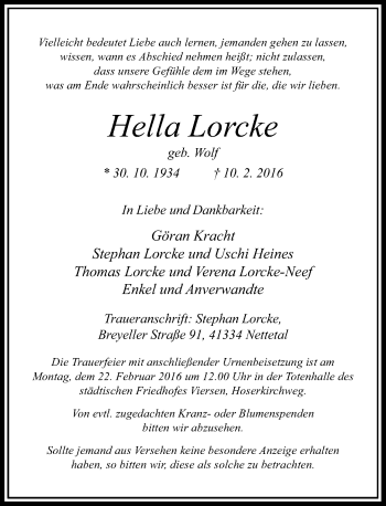 Traueranzeige von Hella Lorcke von Rheinische Post