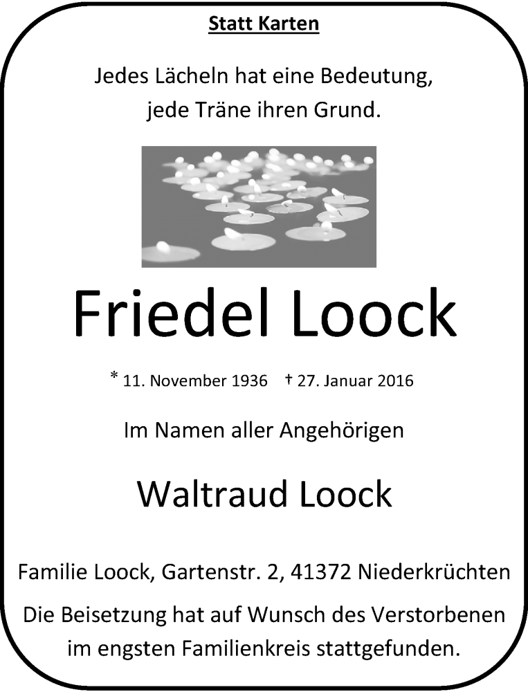  Traueranzeige für Friedel Loock vom 06.02.2016 aus Rheinische Post