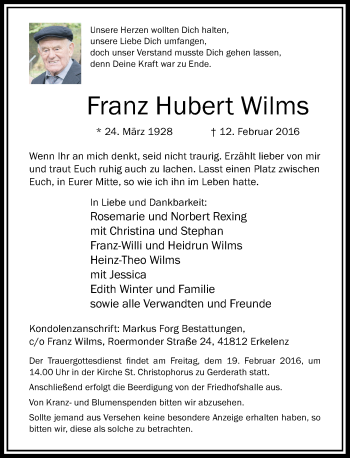 Traueranzeige von Franz Hubert Wilms von Rheinische Post