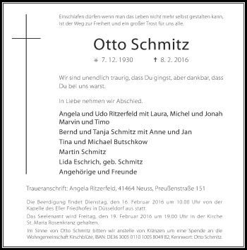 Traueranzeige von Otto Schmitz von Rheinische Post