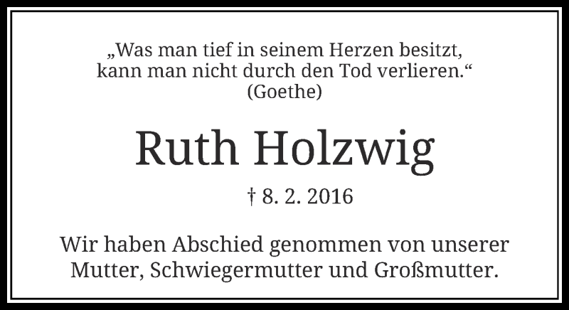  Traueranzeige für Ruth Holzwig vom 20.02.2016 aus Rheinische Post