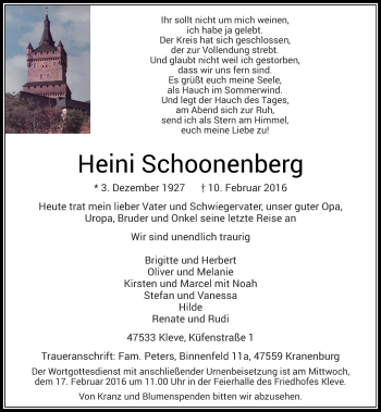 Traueranzeige von Heini Schoonenberg von Rheinische Post