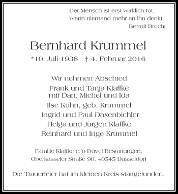 Traueranzeige von Bernhard Krummel von Rheinische Post
