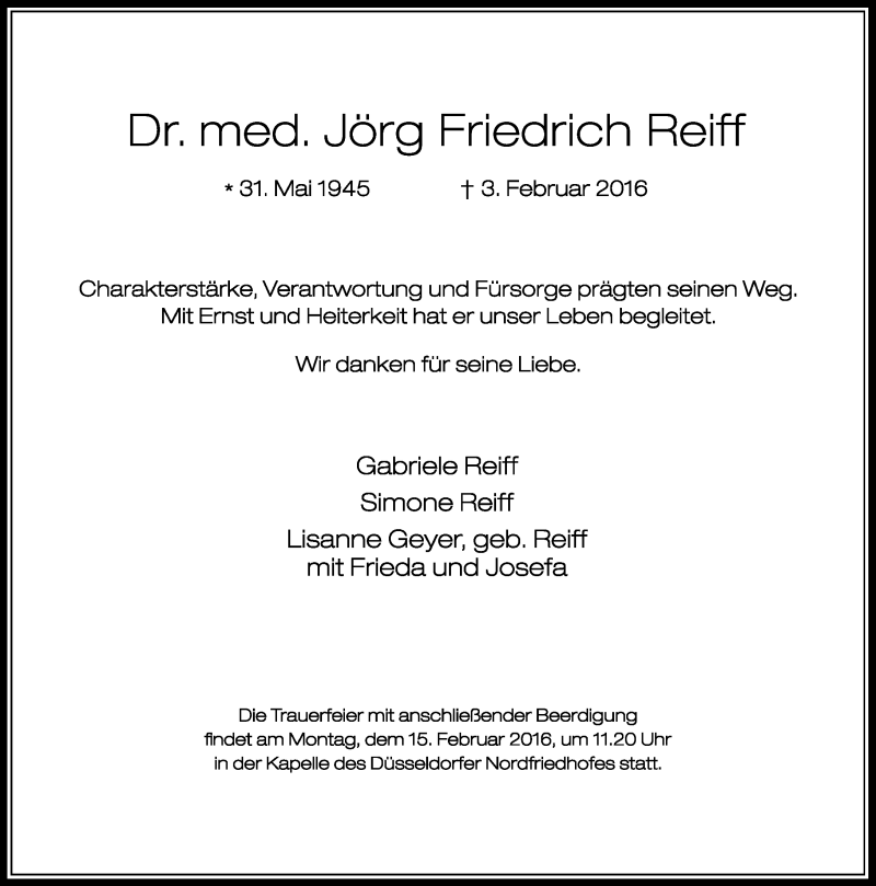  Traueranzeige für Jörg Friedrich Reiff vom 13.02.2016 aus Rheinische Post