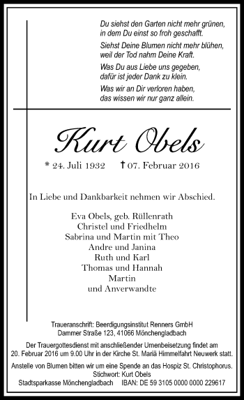 Traueranzeige von Kurt Obels von Rheinische Post