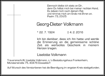 Traueranzeige von Georg-Dieter Volkmann von Rheinische Post