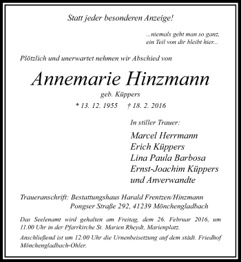 Traueranzeige von Annemarie Hinzmann von Rheinische Post