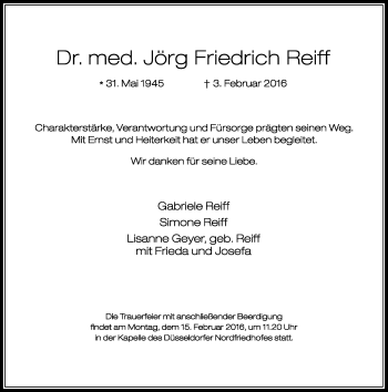 Traueranzeige von Jörg Friedrich Reiff von Rheinische Post