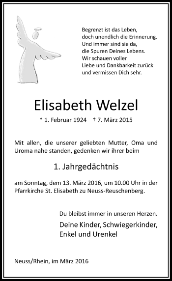 Traueranzeige von Elisabeth Welzel von Rheinische Post
