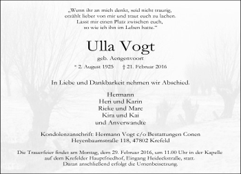 Traueranzeige von Ulla Vogt von Rheinische Post
