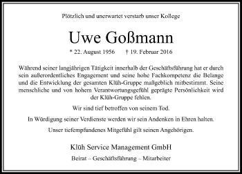 Traueranzeige von Uwe Goßmann von Rheinische Post