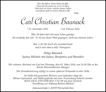 Traueranzeige von Carl Christian Baunack von Rheinische Post