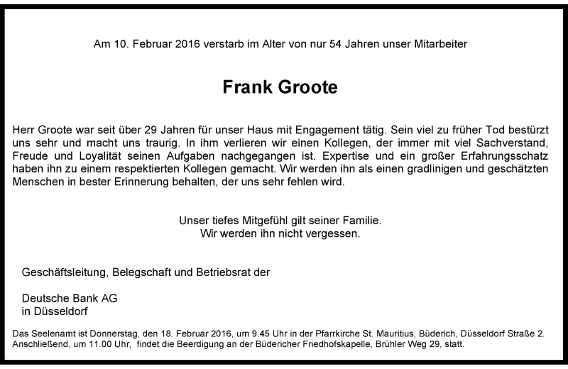  Traueranzeige für Frank Groote vom 17.02.2016 aus Rheinische Post