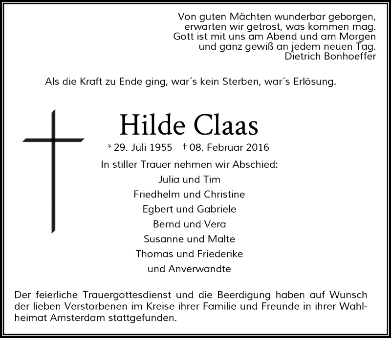  Traueranzeige für Hilde Claas vom 20.02.2016 aus Rheinische Post