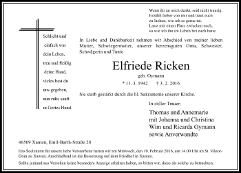 Traueranzeige von Elfriede Ricken von Rheinische Post
