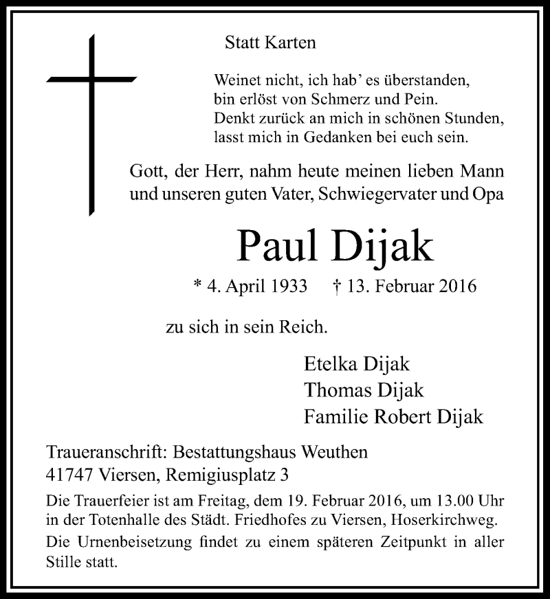  Traueranzeige für Paul Dijak vom 17.02.2016 aus Rheinische Post