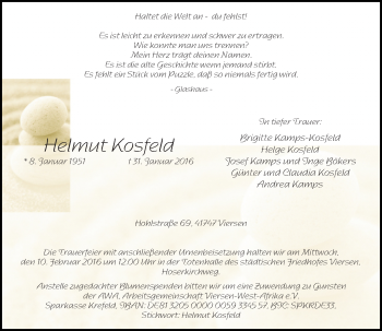 Traueranzeige von Helmut Kosfeld von Rheinische Post