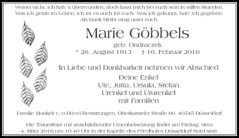 Traueranzeige von Marie Göbbels von Rheinische Post