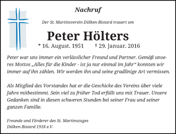 Traueranzeige von Peter Hölters von Rheinische Post