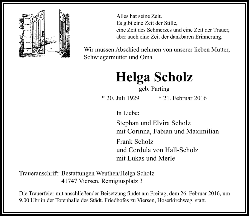  Traueranzeige für Helga Scholz vom 24.02.2016 aus Rheinische Post