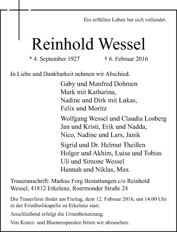 Traueranzeige von Reinhold Wessel von Rheinische Post