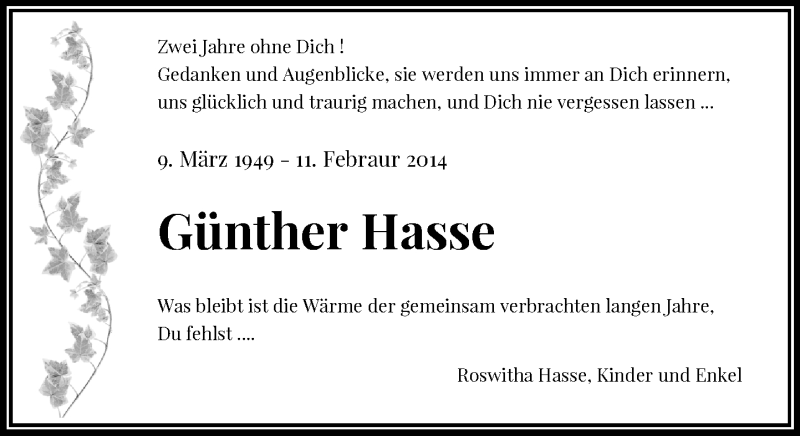  Traueranzeige für Günther Hasse vom 11.02.2016 aus Rheinische Post
