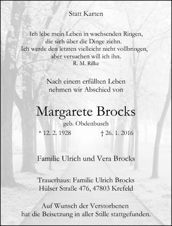 Traueranzeige von Margarete Brocks von Rheinische Post