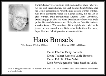 Traueranzeige von Hans Bonsels von Rheinische Post