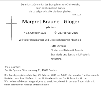Traueranzeige von Margret Braune-Gloger von Rheinische Post