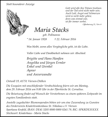 Traueranzeige von Maria Stacks von Rheinische Post