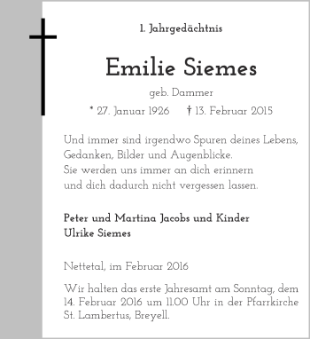 Traueranzeige von Emilie Siemes von Rheinische Post