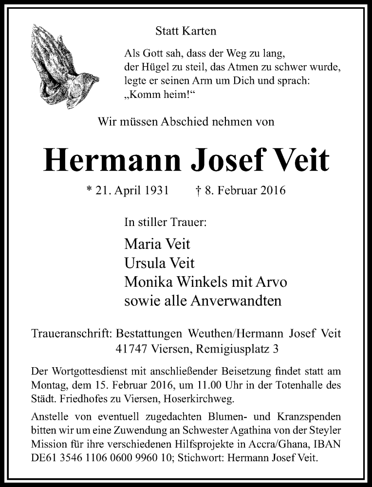  Traueranzeige für Hermann Josef Veit vom 13.02.2016 aus Rheinische Post