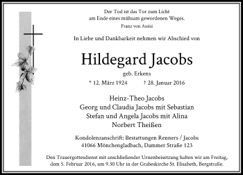 Traueranzeige von Hildegard Jacobs von Rheinische Post