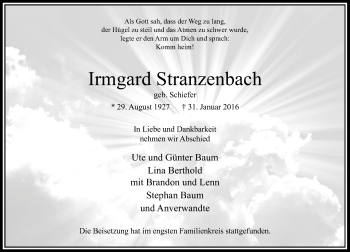 Traueranzeige von Irmgard Stranzenbach von Rheinische Post