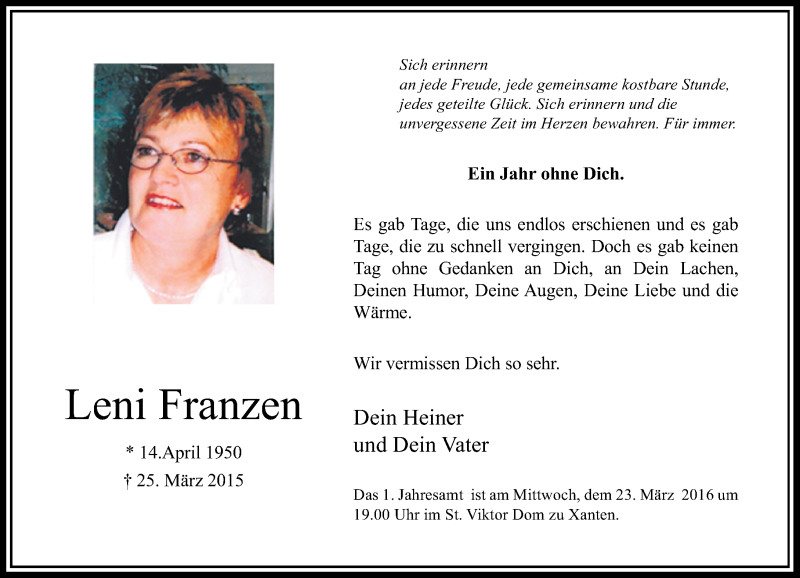  Traueranzeige für Leni Franzen vom 16.03.2016 aus Rheinische Post