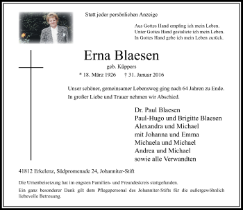 Traueranzeige von Erna Blaesen von Rheinische Post