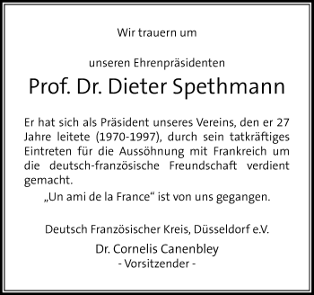 Traueranzeige von Dieter Spethmann von Rheinische Post