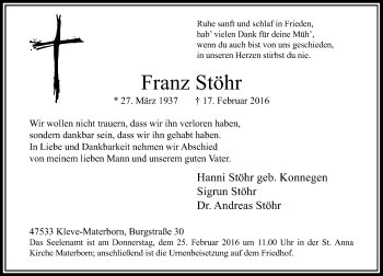 Traueranzeige von Franz Stöhr von Rheinische Post