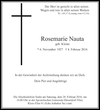 Traueranzeige von Rosemarie Nauta von Rheinische Post
