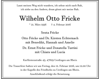 Traueranzeige von Wilhelm Otto Fricke von Rheinische Post