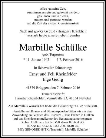 Traueranzeige von Marbille Schülke von Rheinische Post