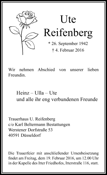 Traueranzeige von Ute Reifenberg von Rheinische Post